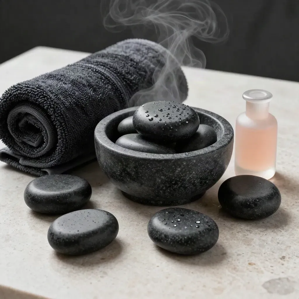 Spa hot stones, charcoal towels, and frosted oil bottle on limestone in dramatic studio light.