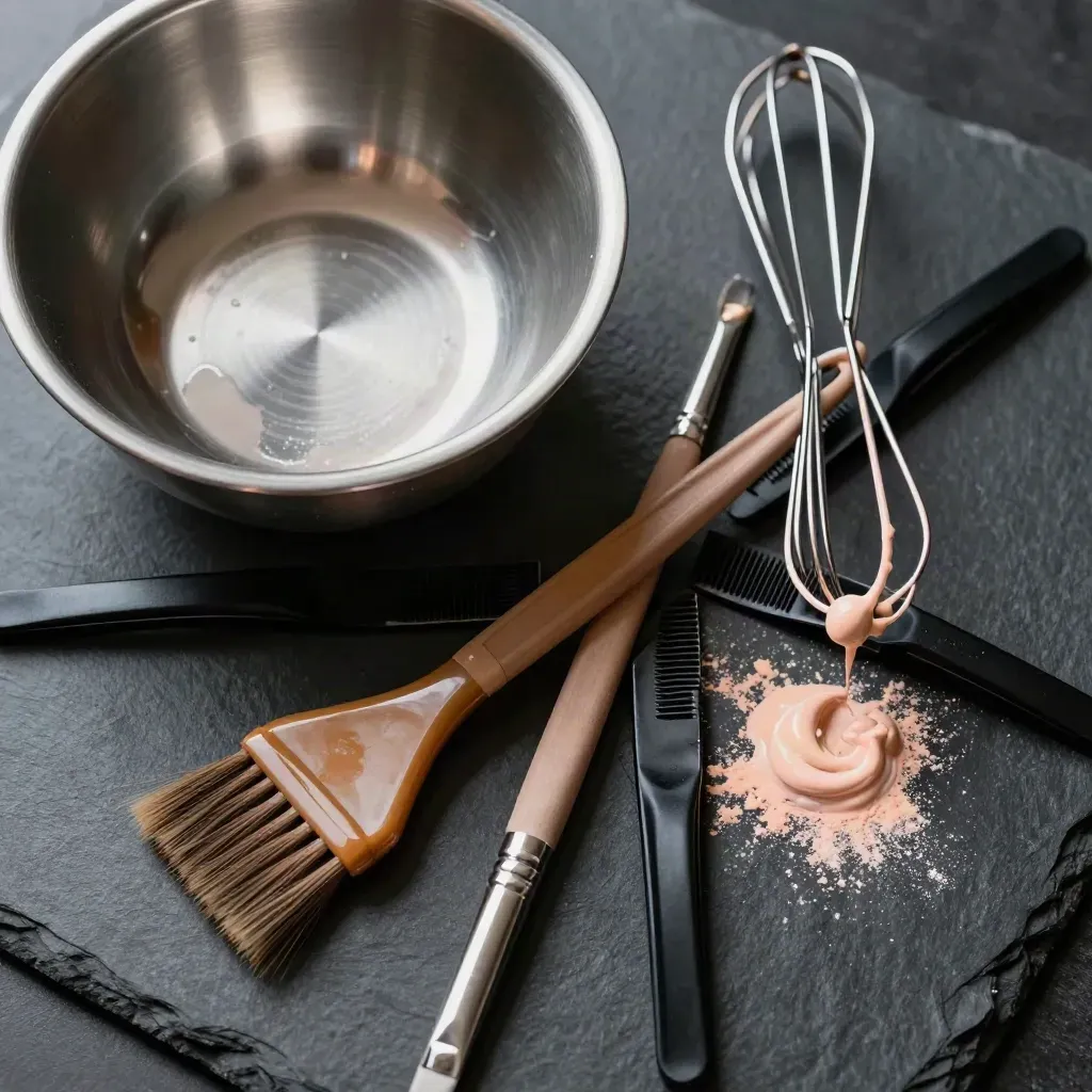 Hair colour brushes, clips and a mixing bowl arranged on dark slate
