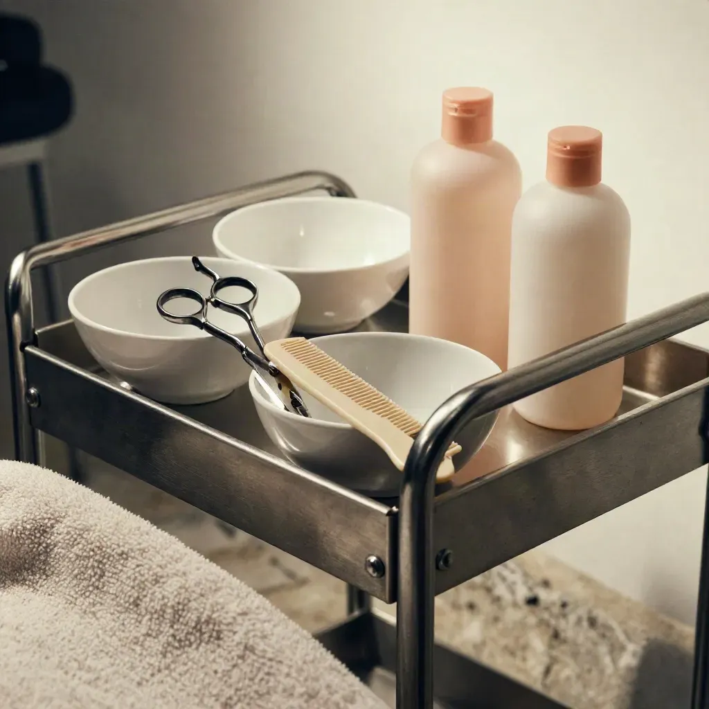 Salon trolley with shears, color bowls, clips, comb and bottles behind a towel edge