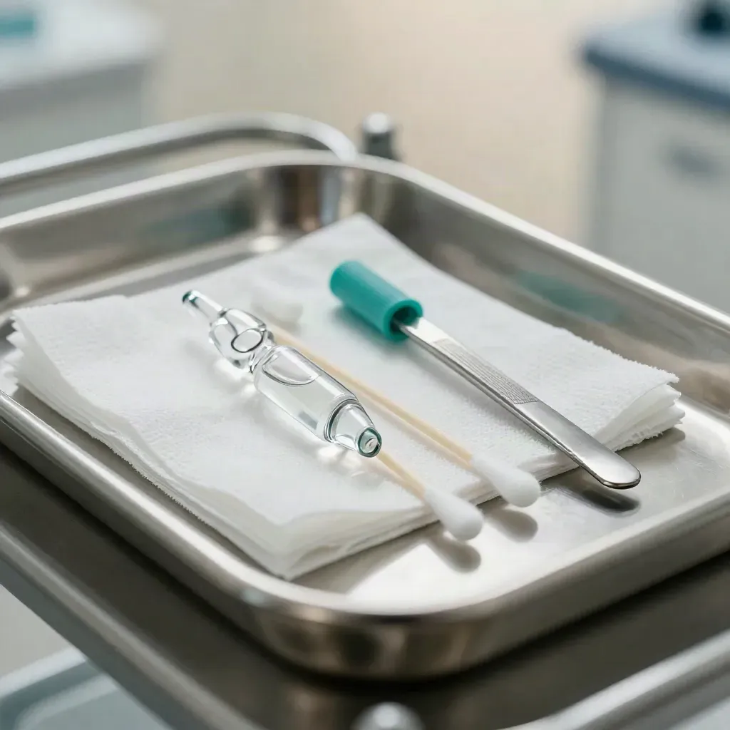 Macro tray with ampoules, gauze, swabs and spatula, seen through a blurred kidney dish.