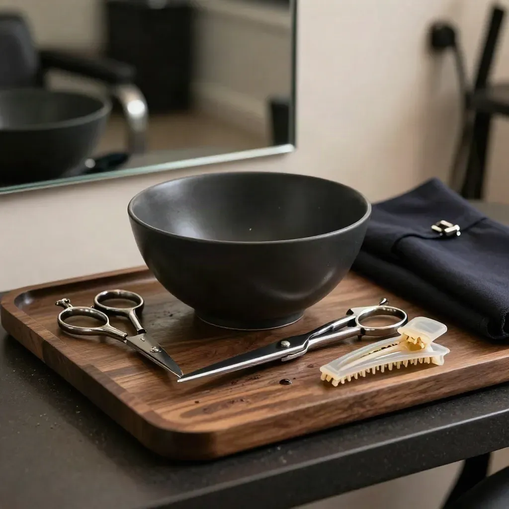Salon tools on a walnut tray, lit dramatically through a blurred mirror edge.