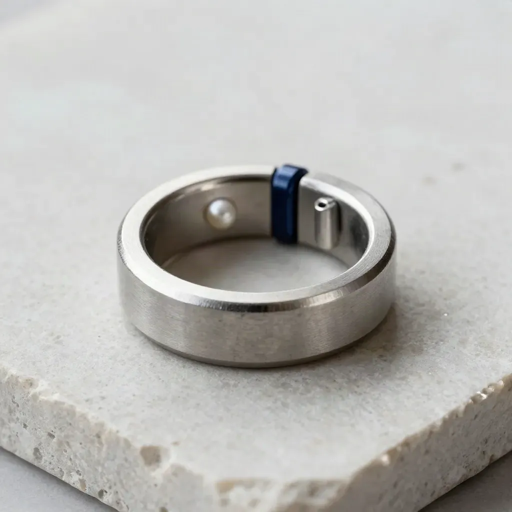 Nested metal rings, coupling sleeve, and steel pins on pale stone in a premium macro still life.